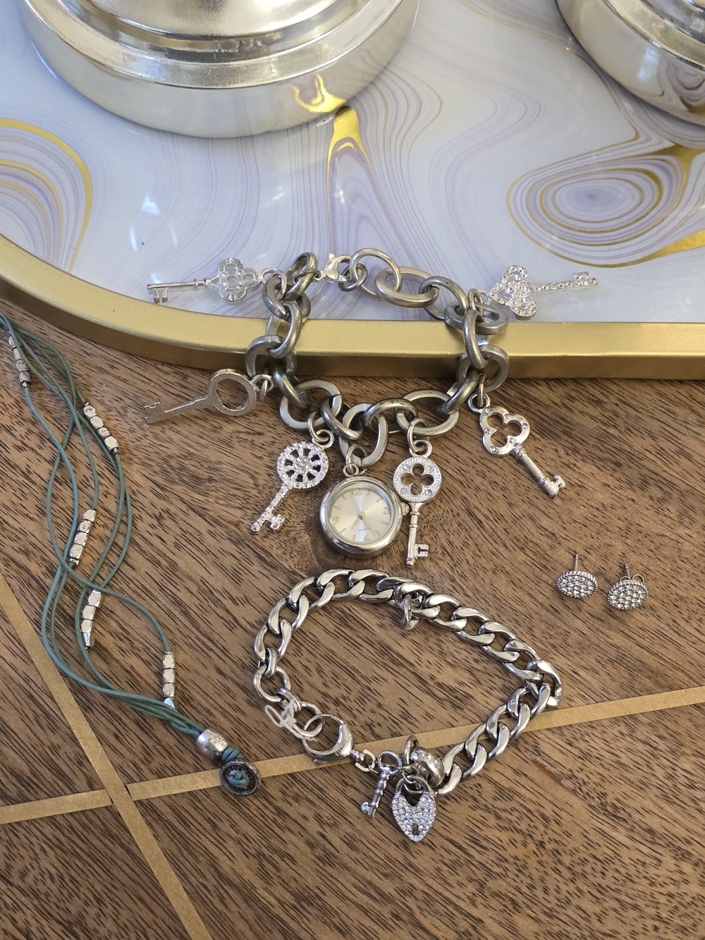 Silver-Tone Key Charm Bracelet Watch - Women Jewelry